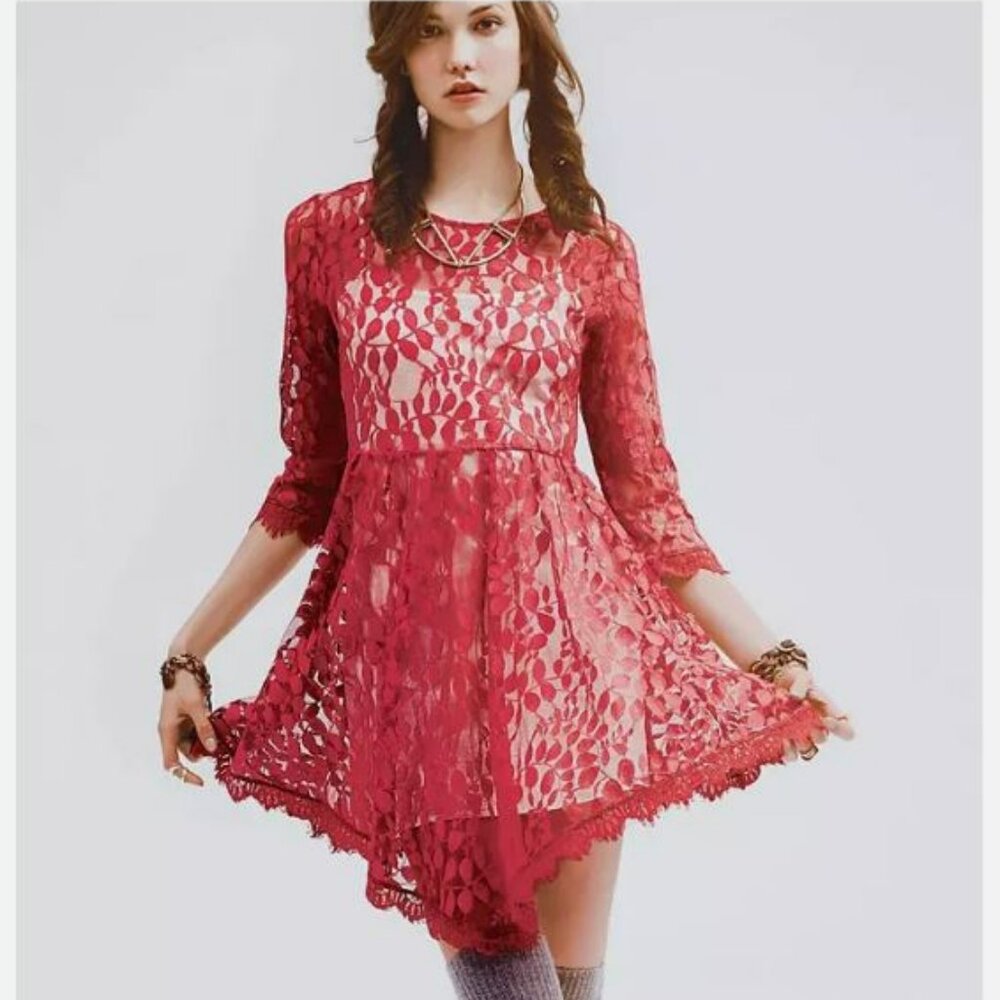 Free People red sheer lace dress with ivory slip 6